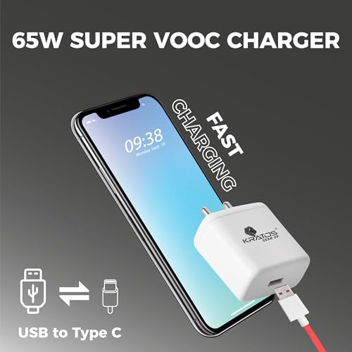 Kratos 65W Fast Charger Adapter & USB-A to Type C Cable Combo, Compatible with OnePlus, Realme, Xiaomi, Redmi, Oppo, Vivo & Other Smartphones, Type C Charger Supports Dash, Warp, Vooc,SuperVooc - Image 3