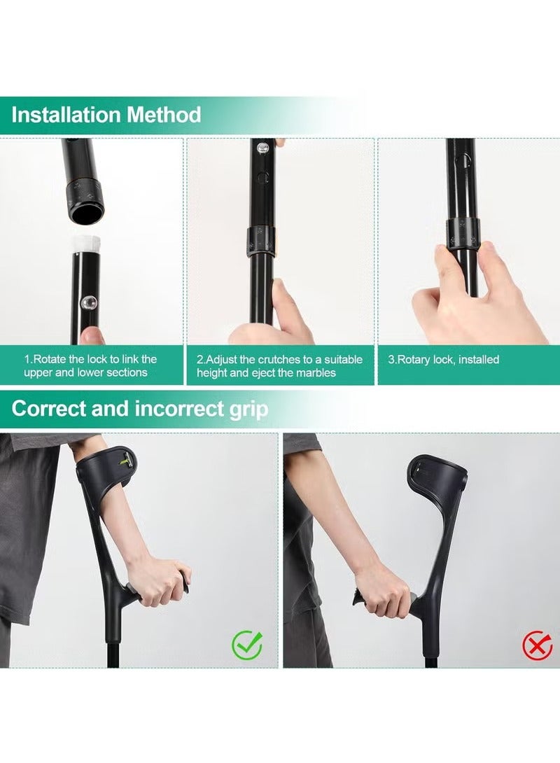 XiuWoo Pair Forearm Crutches Ergonomic Folding Forearm Crutches for Adults with Anti-Dorp Cuff 10-Level Adjustable Height Suitable for Adults with Leg Injury (Pair - Black Handle) - Image 3