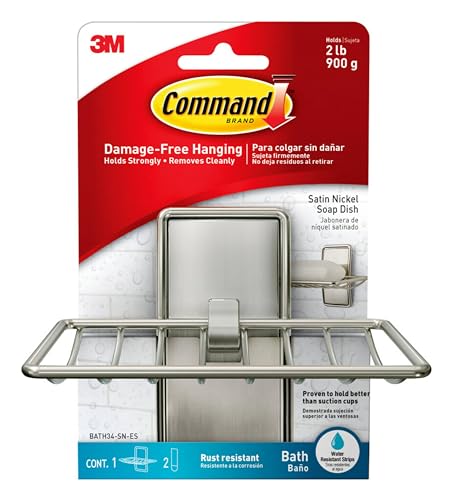 Command Soap Dish for Shower, Damage Free Hanging Bathroom, No Tools Bar Soap Holder, 1 Satin Nickel Soap Dish and 2 Water-Resistant Command Strips - Image 1