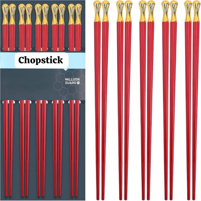 Rabbonix 5 Pairs Chopsticks Reusable Dishwasher Safe, 9.6 inch/24.3cm Matte Non-Slip Fiberglass Chopsticks, Chinese Japanese Korean Chop Sticks, Red - Image 1