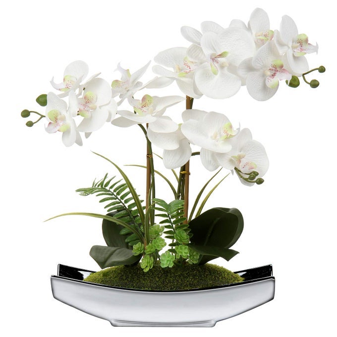 15 ARTIFICIAL PHALAENOPSIS FLOWERS ARRANGEMENT ARTIFICIAL ORCHID BONSAI IN SILVER POT FAKE FLOWERS SILK ORCHID FLOWER FOR TABLE CENTERPIECES LIVING ROOM HOME DCOR