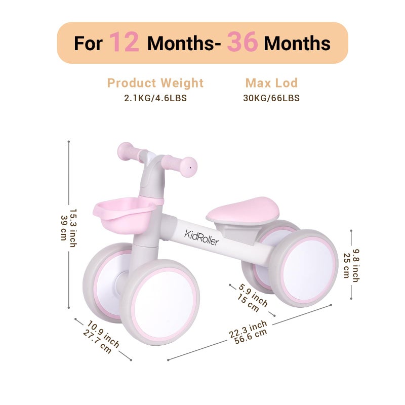 KidRoller Kid's Balance Bikes for 1 Year Old Boys and Girls, 12-36 Months Toddler Ride-on with Adjustable Seat and a Front Basket, First Birthday Gifts (Pink) - Image 2