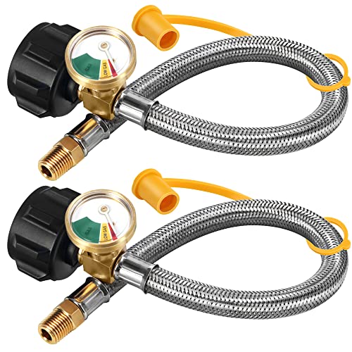 LONGADS 18 inch RV Propane Hoses with Gauge (Packs of 2), Stainless Steel Braided Camper Tank Hose,Rv lp Gas Hoses Connector for Standard Two-Stage Regulator, 40Lb 250PSI, 1/4 NPT /QCC1 Fittings - Image 1