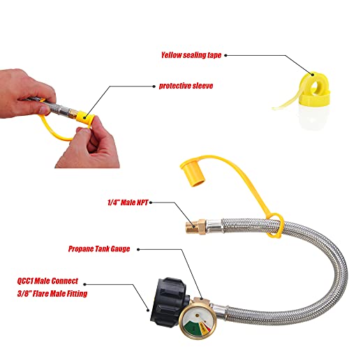 LONGADS 18 inch RV Propane Hoses with Gauge (Packs of 2), Stainless Steel Braided Camper Tank Hose,Rv lp Gas Hoses Connector for Standard Two-Stage Regulator, 40Lb 250PSI, 1/4 NPT /QCC1 Fittings - Image 3