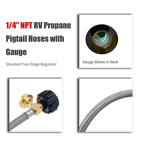 LONGADS 18 inch RV Propane Hoses with Gauge (Packs of 2), Stainless Steel Braided Camper Tank Hose,Rv lp Gas Hoses Connector for Standard Two-Stage Regulator, 40Lb 250PSI, 1/4 NPT /QCC1 Fittings - Image 5