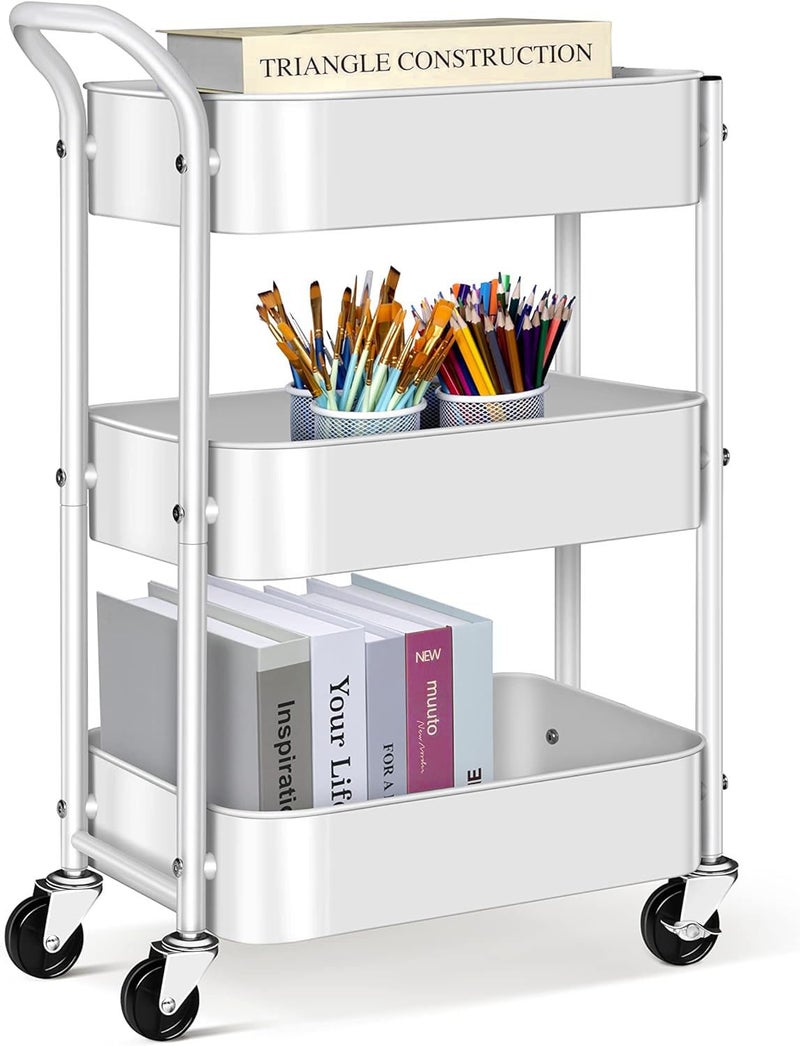 عربة ميسلو متعددة الاستخدامات 3 طبقات بعجلات ومقبض تحت المكتب بارتفاع 27 صغيرة عربة تخزين معدنية منظمة رف متحرك لكتب وفنون للمكتب والمطبخ والحمام باللون الأبيض