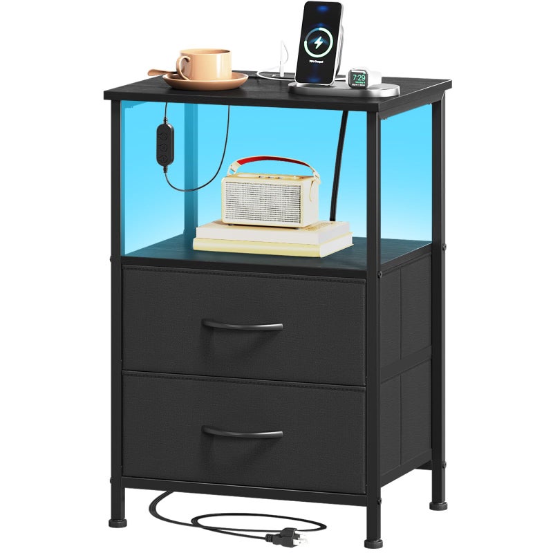 Somdot Black Nightstand with Charging Station and LED Light for Bedroom, 2 Drawers Dresser with Fabric Bins for Bedside Kids Dorm Room Closet Laundry Entryway, Black - Image 1
