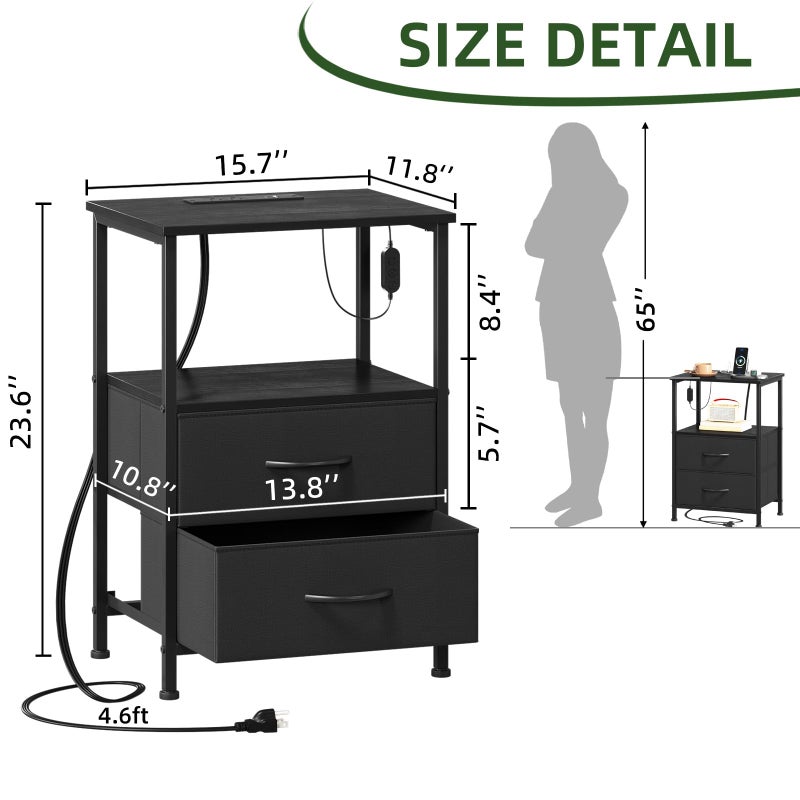 Somdot Black Nightstand with Charging Station and LED Light for Bedroom, 2 Drawers Dresser with Fabric Bins for Bedside Kids Dorm Room Closet Laundry Entryway, Black - Image 3