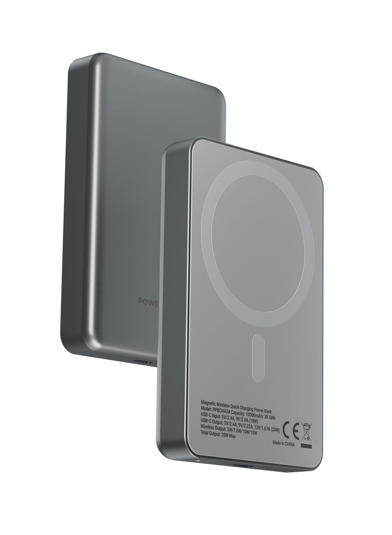 Powerology 10000 mAh MagSafe Aluminum Power bank with PD 20W Fast Charging & 15W Wireless Charging / Li-Polymer Rechargeable Battery / Simultaenous Charging / Charging Smartphone, Tablet & Gaming Device - Grey  - Image 1