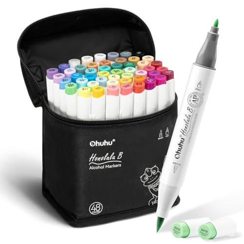 Ohuhu Alcohol Markers Brush and Fine Tip - Alcohol-based Art Sketch Marker Set for Artist Adults Coloring Illustration - 48 Colors - Brush & Fine Dual Tips- Honolulu B - Refillable - AP Certificated - Image 1