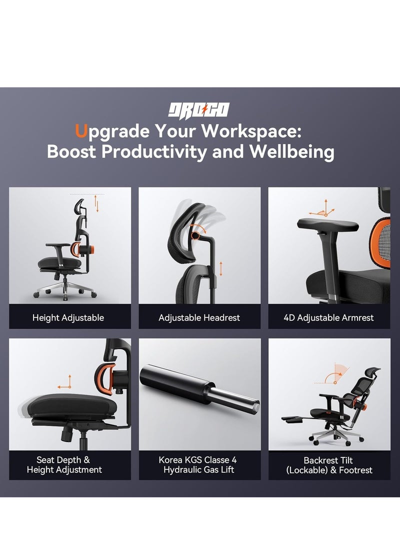 DROGO Premium Ergonomic Office Chair for Work from Home, High Back Computer Chair with Adaptive Lumbar Support & 5D Headrest, 4D Armrest, Footrest & Recline, Desk Mesh Chair for Office/Home (Black)  - Image 5