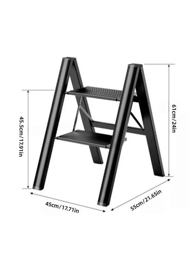 A strong and durable metal ladder with 2 steps made of aluminum alloys, featuring a foldable design with non-slip treads that can support a weight of 150 kg. It's easy to store and move with a space-saving design that requires no assembly, suitable for all household, commercial, kitchen, and office tasks. It's ideal for storing and cleaning plants; additionally, it can be used as a display unit or plant holder