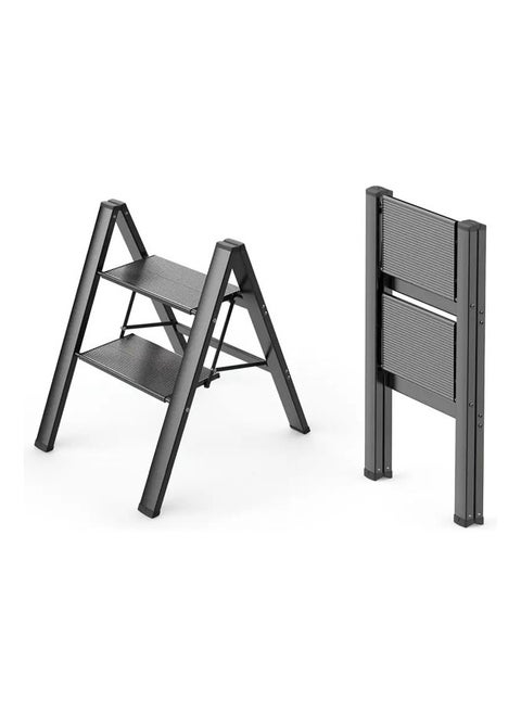 A strong and durable metal ladder with 2 steps made of aluminum alloys, featuring a foldable design with non-slip treads that can support a weight of 150 kg. It's easy to store and move with a space-saving design that requires no assembly, suitable for all household, commercial, kitchen, and office tasks. It's ideal for storing and cleaning plants; additionally, it can be used as a display unit or plant holder