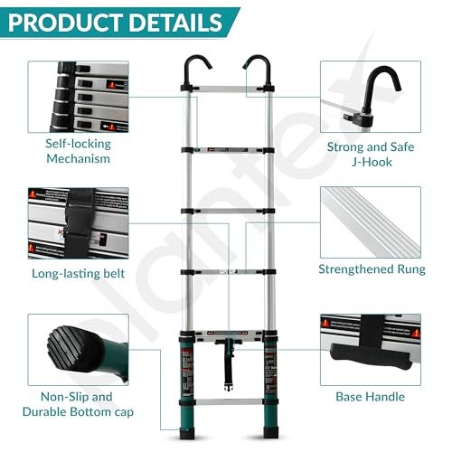 Plantex 2m (6.5 ft.) Aluminium Telescopic Ladder/7-Steps Portable Ladder with Removable Hooks/Foldable Multipurpose Collapsible Ladder for Home & Outdoor Use/2 Years of Warranty - (Green) - Image 3