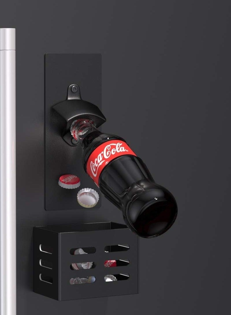 SYOSI Magnetic Bottle Opener with Cap Catcher - Wall Mounted Beer Bottle Opener Cap Collector for Fridge, Kitchen, Bar, Ideal Gift for Men WomenBlack  - Image 2