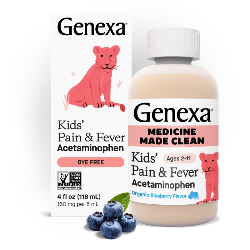 Genexa Kids’ Clean Pain  Fever Acetaminophen, Dye Free, 0% Artificial Additives, Delicious Organic Blueberry Flavor, Liquid Oral Suspension Medicine for Children 2-11, 160 mg per 5mL, 4 fl oz - Image 1