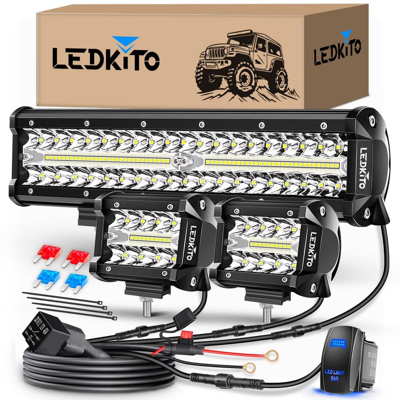 LEDKITO 12Inch LED Light Bar and 2PCS 4Inch LED Cube Pod Lights Off Road Driving Light with Rocker Switch 3Lead Wiring Harness Kit Spot Flood Combo Triple Row Light Bars for SUV UTV ATV Truck Tractor - Image 1
