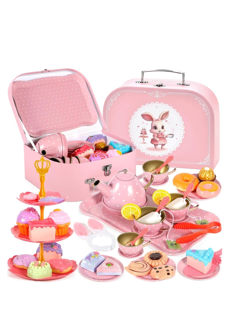 50-Pieces Rabbit Tea Party Set for Little Girls, Pretend Tin Teapot Set, Princess Tea Time Play Kitchen Toy with Cups, Plates and Carrying Case for Birthday Gifts - Image 1