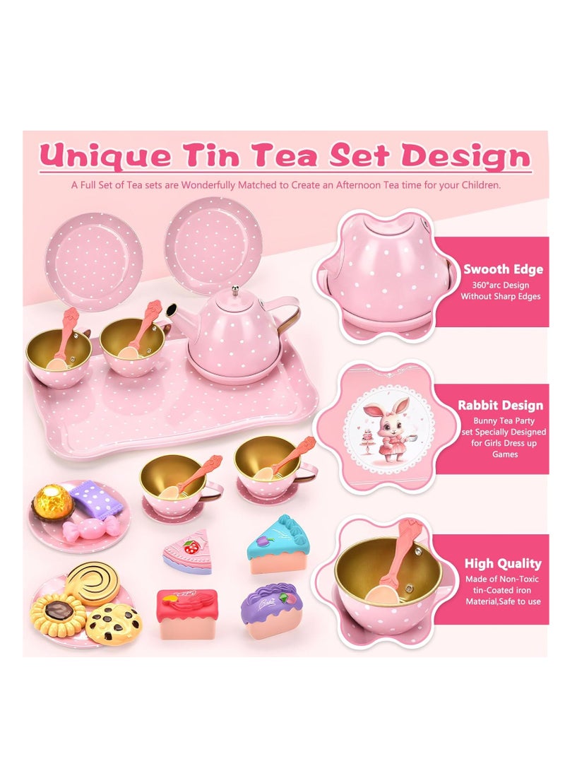 50-Pieces Rabbit Tea Party Set for Little Girls, Pretend Tin Teapot Set, Princess Tea Time Play Kitchen Toy with Cups, Plates and Carrying Case for Birthday Gifts - Image 2