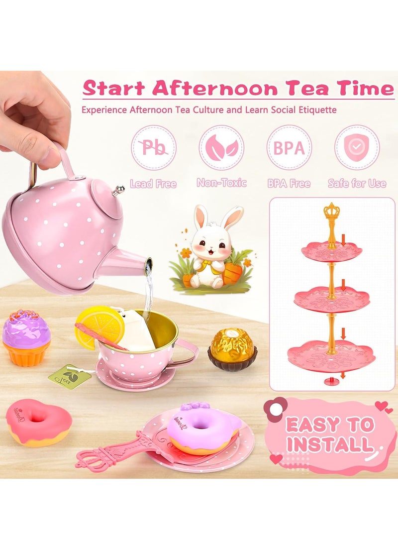 50-Pieces Rabbit Tea Party Set for Little Girls, Pretend Tin Teapot Set, Princess Tea Time Play Kitchen Toy with Cups, Plates and Carrying Case for Birthday Gifts - Image 3