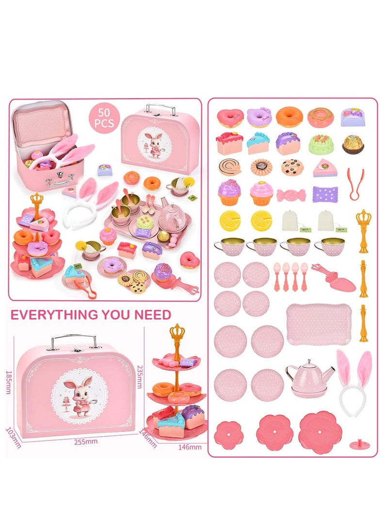 50-Pieces Rabbit Tea Party Set for Little Girls, Pretend Tin Teapot Set, Princess Tea Time Play Kitchen Toy with Cups, Plates and Carrying Case for Birthday Gifts - Image 4