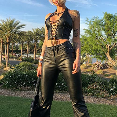 BEARUN Sexy Corset Tops for Women Adjustable Spaghetti Straps PU Leather Bustier Crop Top Rave Outfit Party Club Night Black Small - Image 2