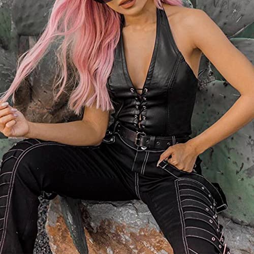 BEARUN Sexy Corset Tops for Women Adjustable Spaghetti Straps PU Leather Bustier Crop Top Rave Outfit Party Club Night Black Small - Image 3