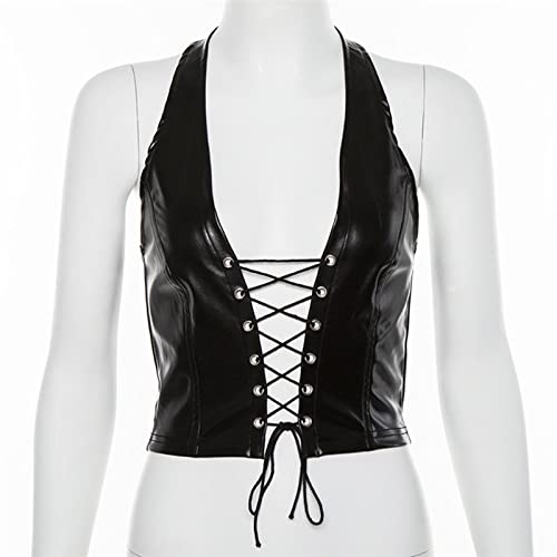 BEARUN Sexy Corset Tops for Women Adjustable Spaghetti Straps PU Leather Bustier Crop Top Rave Outfit Party Club Night Black Small - Image 4