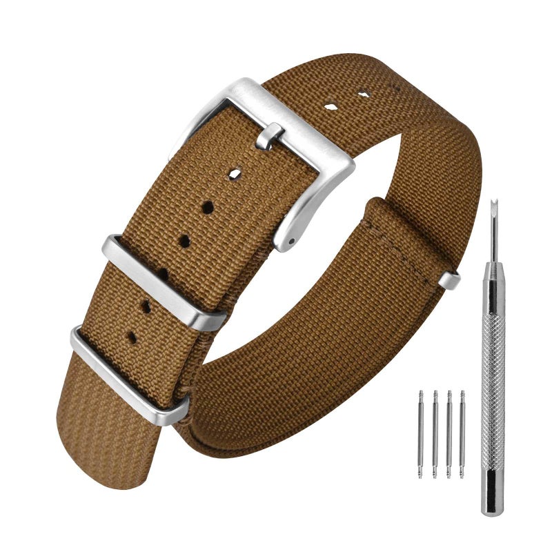 ANNEFIT Nylon Watch Band 18mm OnePiece Waterproof Military Watch Straps with Heavy Silver Buckle Brown - Image 2