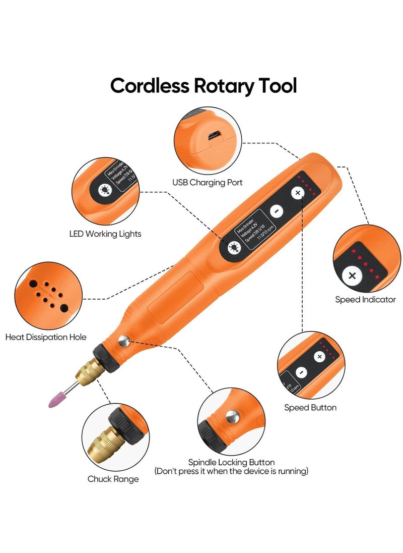 SYOSI طقم أدوات دوارة، لاسلكية 5 سرعات متغيرة وكابل شحن USB أدوات دوارة صغيرة، 3.7 فولت مع 45 قطعة ملحقات للقطع، الحفر، الصنفرة، النقش، التلميع والحرف اليدوية برتقالي  - Image 2