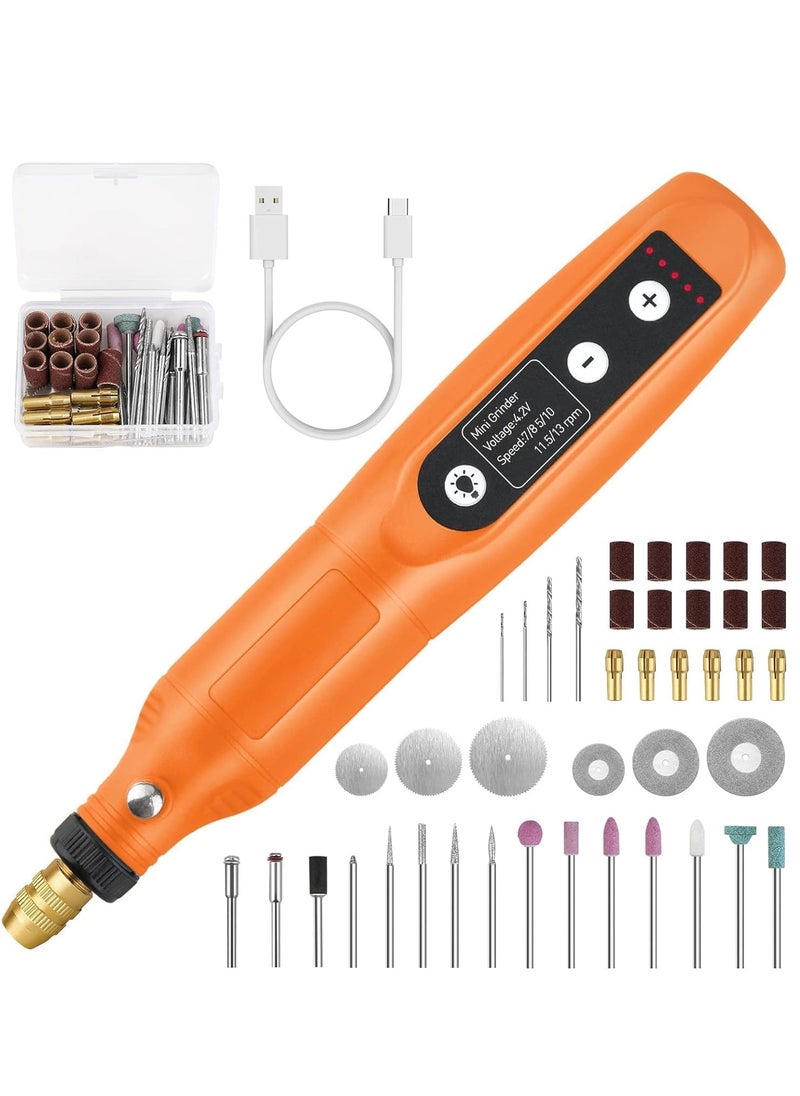 SYOSI طقم أدوات دوارة، لاسلكية 5 سرعات متغيرة وكابل شحن USB أدوات دوارة صغيرة، 3.7 فولت مع 45 قطعة ملحقات للقطع، الحفر، الصنفرة، النقش، التلميع والحرف اليدوية برتقالي  - Image 1