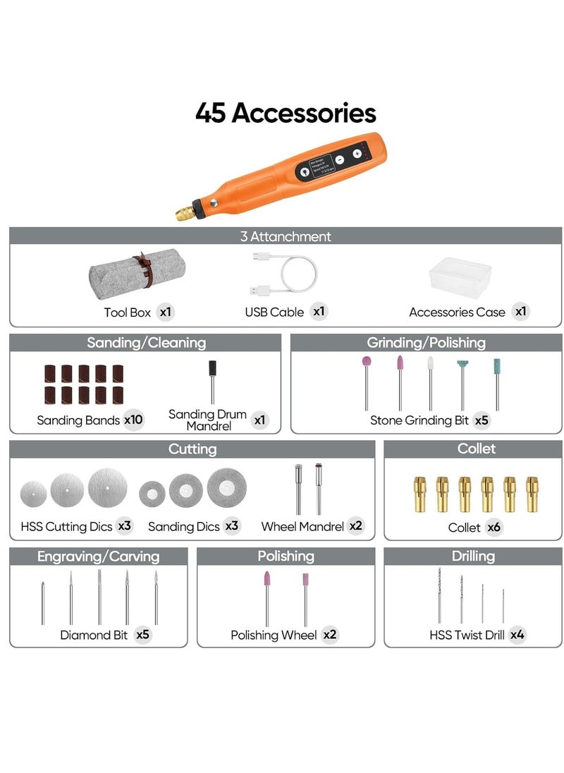 SYOSI طقم أدوات دوارة، لاسلكية 5 سرعات متغيرة وكابل شحن USB أدوات دوارة صغيرة، 3.7 فولت مع 45 قطعة ملحقات للقطع، الحفر، الصنفرة، النقش، التلميع والحرف اليدوية برتقالي  - Image 5