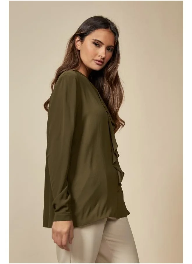 Hoxton Gal Khaki Frill Front Oversized Blouse with Detailed Neckline and Long Sleeves