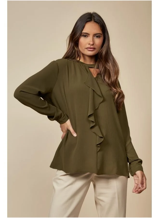 Hoxton Gal Khaki Frill Front Oversized Blouse with Detailed Neckline and Long Sleeves