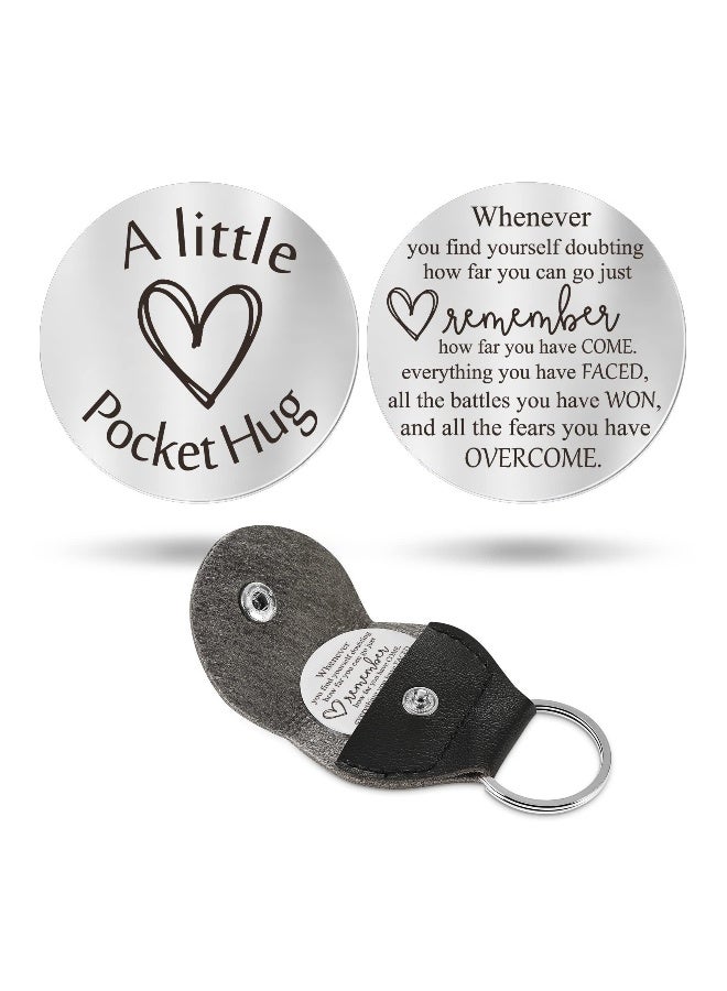 Pocket Hug Token Long Distance Relationship Keepsake Stainless Steel Double Sided Inspirational Gift with PU Leather Keychain - Image 1