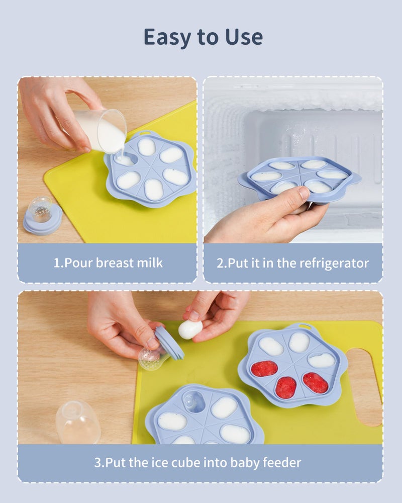 melican Silicone Baby Fruit Food Feeder (2 Pack) with Freezer Nibble Tray, Breastmilk Popsicle Molds for Baby Teething Relief, Silicone Feeder for Safe Infant Self Feeding, BPA Free, Dishwasher Safe, 3 Month+ - Image 3