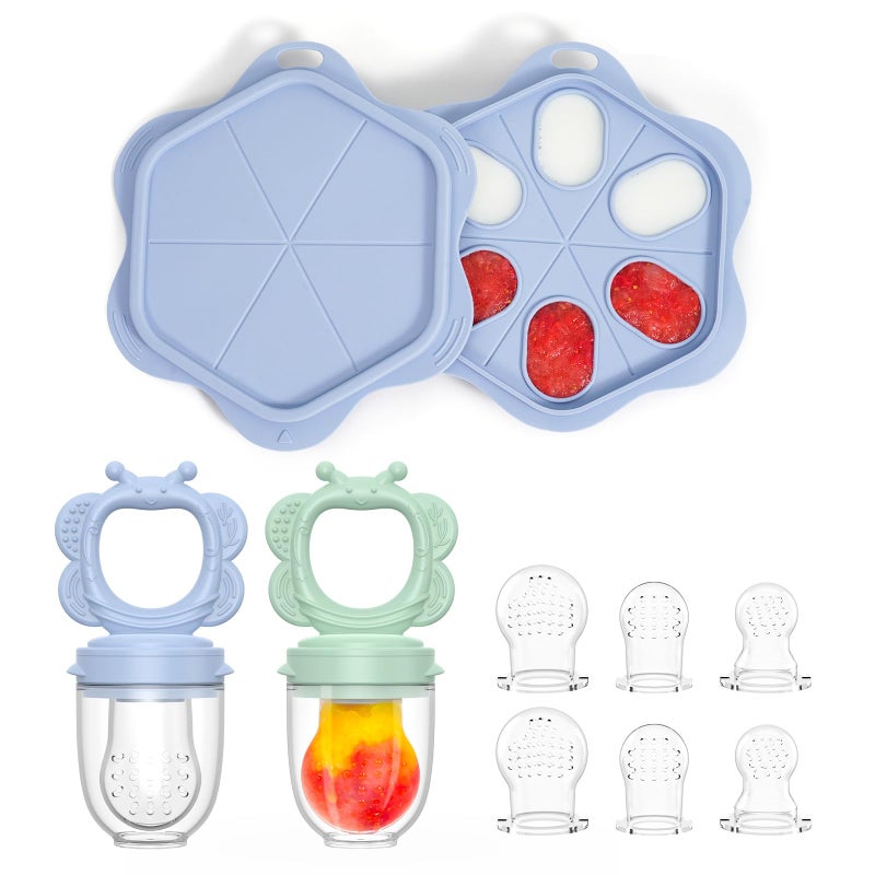 melican Silicone Baby Fruit Food Feeder (2 Pack) with Freezer Nibble Tray, Breastmilk Popsicle Molds for Baby Teething Relief, Silicone Feeder for Safe Infant Self Feeding, BPA Free, Dishwasher Safe, 3 Month+ - Image 1