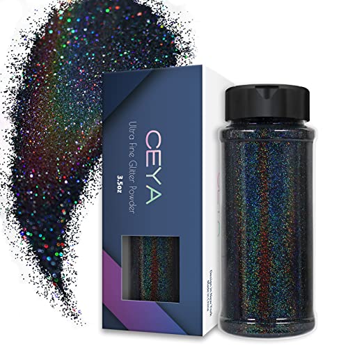 Ceya 35oz 100g Holographic Ultra Fine Glitter Powder Laser Black Glitter 1128 0008 02mm for Slime Epoxy Resin Craft Tumbler Jewelry Nail Art Festival Makeup Scrapbook Painting Wedding Cards