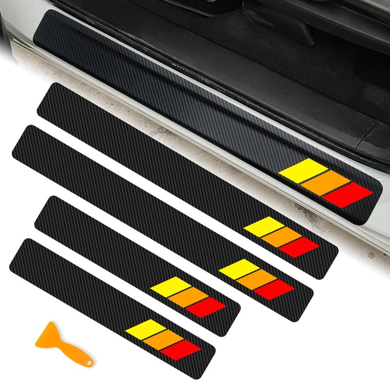 MOCHENT Tricolor Door Sill Protectors for Toyota Tacoma TRD 4Runner Tundra Rav4 Highlander Accessories, Carbon Fiber Front/Rear Door Sill Plate Guard, Retro Stripe Door Entry Guard Stickers(4 Pcs) - Image 1