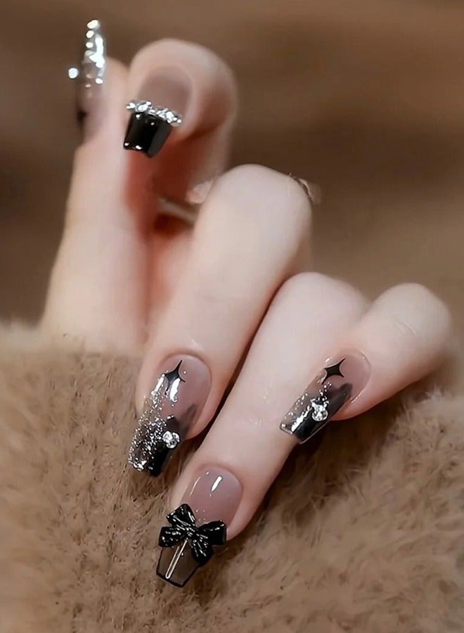 نيبمينينت 24Pcs Fake Nails, Press Nails In Box,Long-length Flat head shaped Solid Black Color Shiny Nail Art,Bow knot Zircon Star,Fake Nail Patch  - Image 1