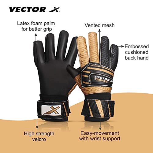 Vector X Tornado Adult Goalkeeper Gloves,Strong Grip for The Toughest Saves,Finger Protect to Give Protection to Prevent Injuries Made with Latex and Foam Use for Football,Color-Black-Gold- Size-8 - Image 2