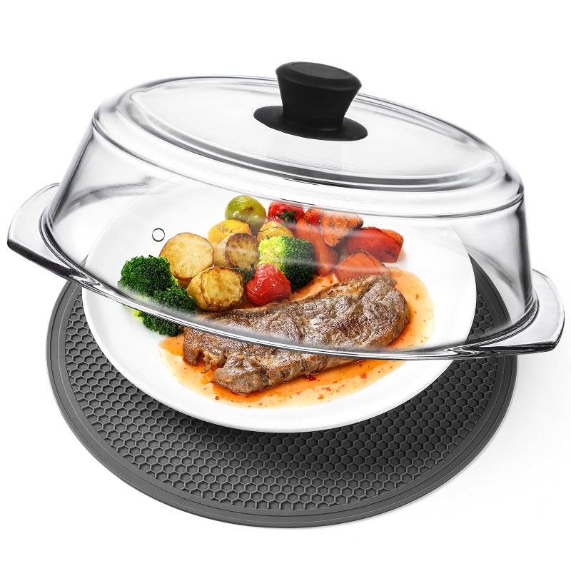 Snuvid 2 in 1, Tall Glass Microwave Splatter Cover for Food & Microwave Place Mat, Plate Splatter Guard Lid with Silicone Handle Knob, Cookware & Bakeware Serving Dish Cover, Food Grade, No Plastic, 10in - Image 1