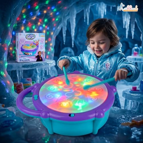 Kriiddaank Frozen Elsa & Anna Flash Drum Toy for Toddlers - Battery Operated Musical Instrument with 3D 5-Color LED Lights & 9 Songs - Interactive Educational Toy |Birthday Gift for Kids 3+ Years - Image 2