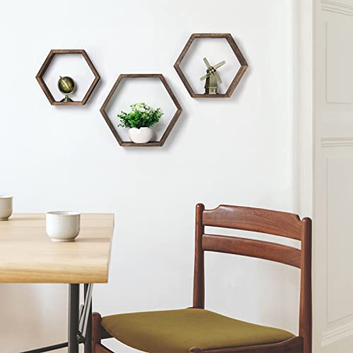 CADUKE Hexagon Floating Shelves Set of 6 Farmhouse Honeycomb Wall Storage Shelf Wood Display Hexagonal Shelves Wall Mounted Hanging Rustic Shelf Racks for Bedroom Living Room Hallway Office Decor, Brown - Image 5