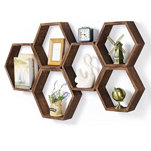 CADUKE Hexagon Floating Shelves Set of 6 Farmhouse Honeycomb Wall Storage Shelf Wood Display Hexagonal Shelves Wall Mounted Hanging Rustic Shelf Racks for Bedroom Living Room Hallway Office Decor, Brown - Image 1