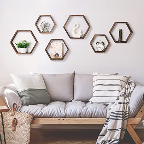 CADUKE Hexagon Floating Shelves Set of 6 Farmhouse Honeycomb Wall Storage Shelf Wood Display Hexagonal Shelves Wall Mounted Hanging Rustic Shelf Racks for Bedroom Living Room Hallway Office Decor, Brown - Image 4