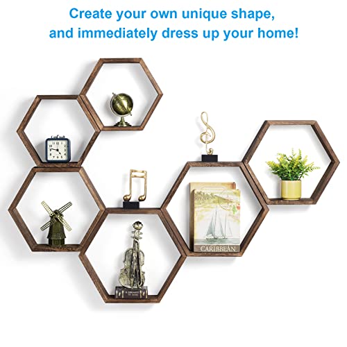 CADUKE Hexagon Floating Shelves Set of 6 Farmhouse Honeycomb Wall Storage Shelf Wood Display Hexagonal Shelves Wall Mounted Hanging Rustic Shelf Racks for Bedroom Living Room Hallway Office Decor, Brown - Image 2