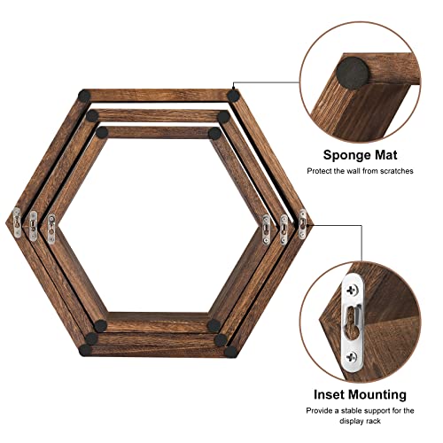 CADUKE Hexagon Floating Shelves Set of 6 Farmhouse Honeycomb Wall Storage Shelf Wood Display Hexagonal Shelves Wall Mounted Hanging Rustic Shelf Racks for Bedroom Living Room Hallway Office Decor, Brown - Image 3