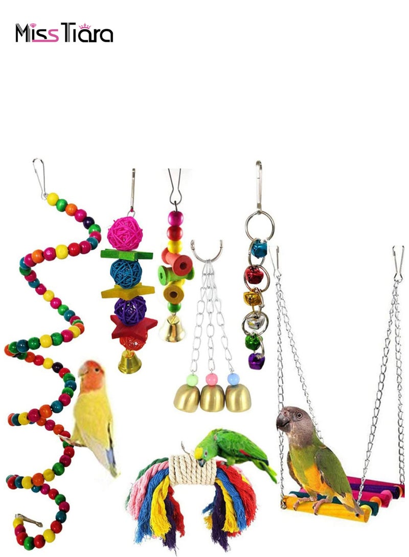 MissTiara Bird Toys,Parrot Cage Toys,Bird Stand,Bird Cage Accessories,Parrot Chew Toys,Swing Hanging Toys with Bell Hammock Hanging Perch Toy (7Pieces) - Image 1