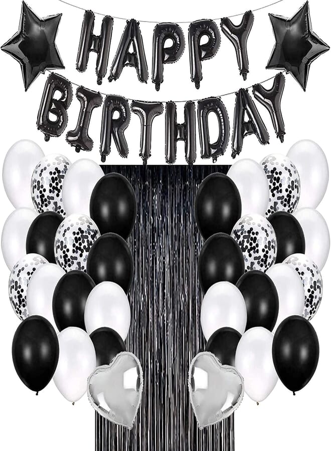 Secret Black Birthday Party Decorations Set with Happy Birthday Balloons Banner, Confetti Balloons, Foil Fringe Curtain for Birthday Party Supplies